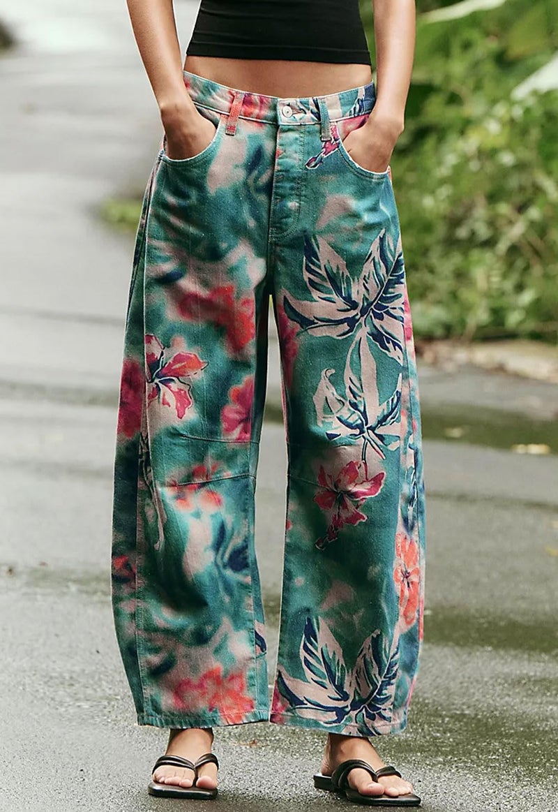 loveimgs Women Boyfriend Baggy Barrel Jeans Floral Print Denim Ankle Pants Wide Leg Mid Rise Jeans Sweatpants Y2k Patchwork (XX-Large,Tie dye) - Image 2