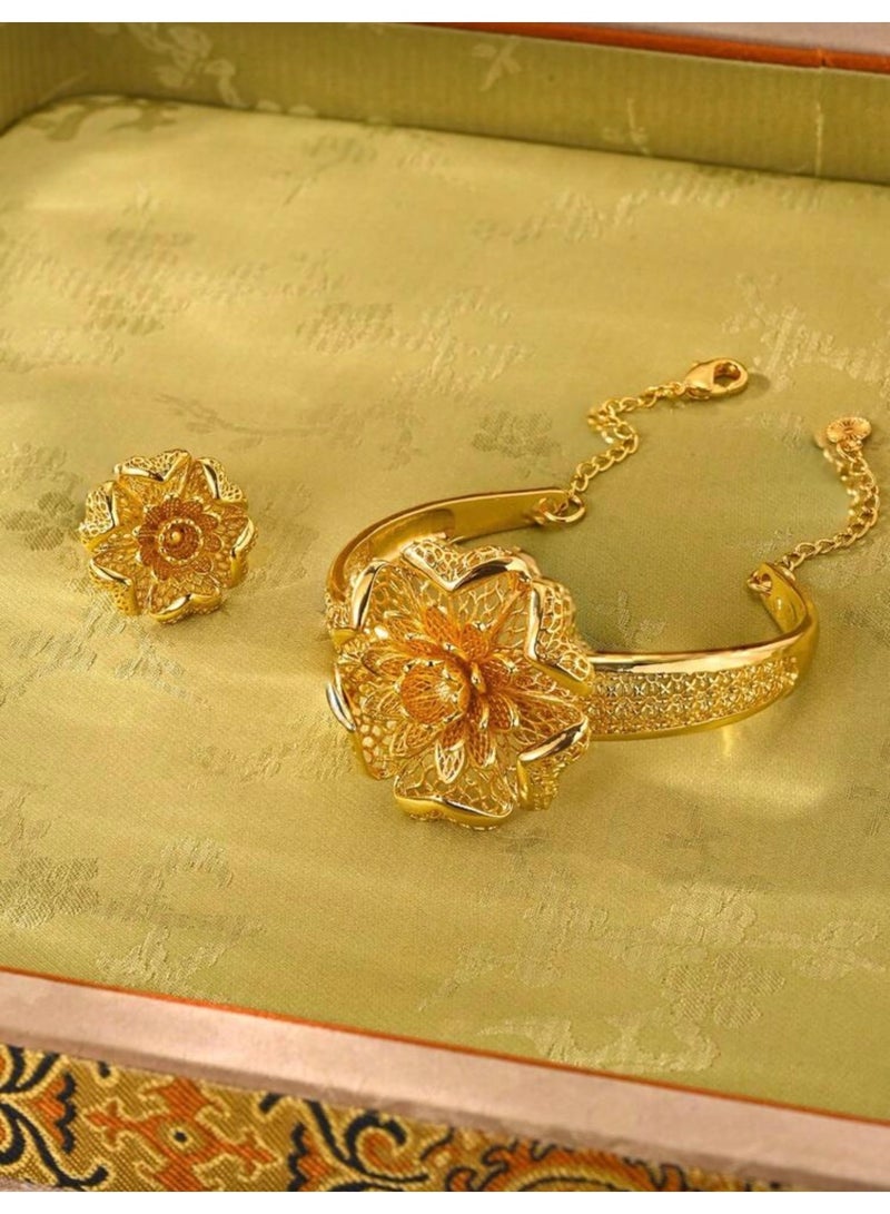 GOLDMAX 22k Gold Plated Braceleg & One Size Ring Jewelry Set For Women - Image 3