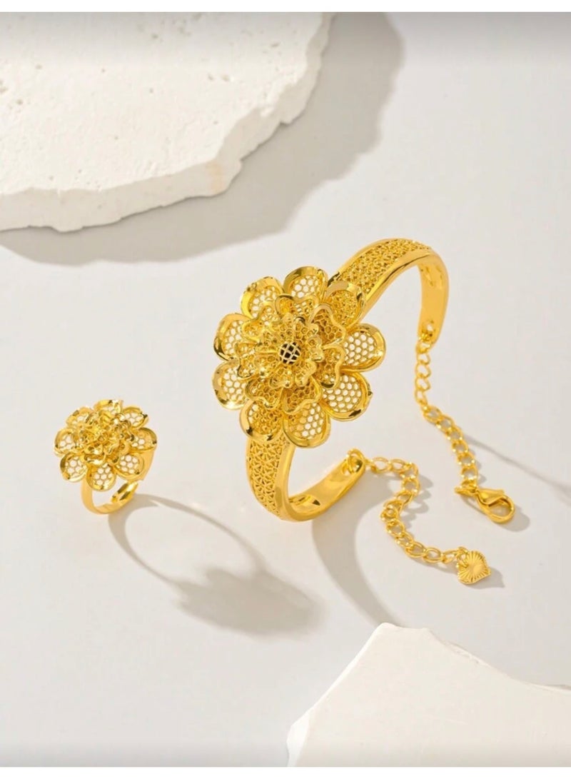 GOLDMAX 22k Gold Plated Braceleg & One Size Ring Jewelry Set For Women - Image 1