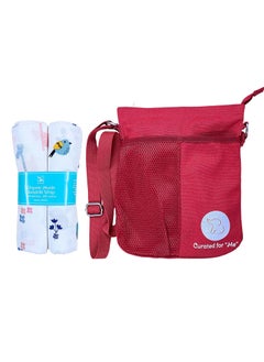 TinyLane - Curated for you! TinyLane Curated for you Bamboo Cotton Baby Muslin Swaddle Wrap Pack of 2 Bird Giraffe Design 90X90 cm Multi Color Breathable and Mamas Sling Bag Cute Crimson Combo 