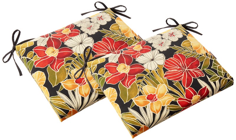 Pillow Perfect Tropic Floral IndoorOutdoor Square Corner Chair Seat Cushion with Ties Plush Fiber Fill Weather and Fade Resistant 16 x 185 BlackGreen Clemens 2 Count