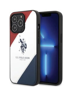 U.S. Polo Assn. USPA iPhone 14 Pro Max PU Leather Case With Embossed Double Line & Horse Logo, Full Protection, Easy Snap-On & Slim Profile - Red/White/Navy  - Image 1