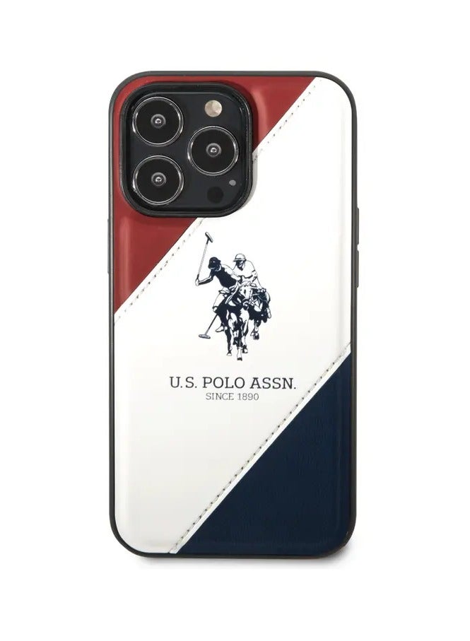 USPA iPhone 14 Pro Max PU Leather Case With Embossed Double Line & Horse Logo, Full Protection, Easy Snap-On & Slim Profile - Red/White/Navy