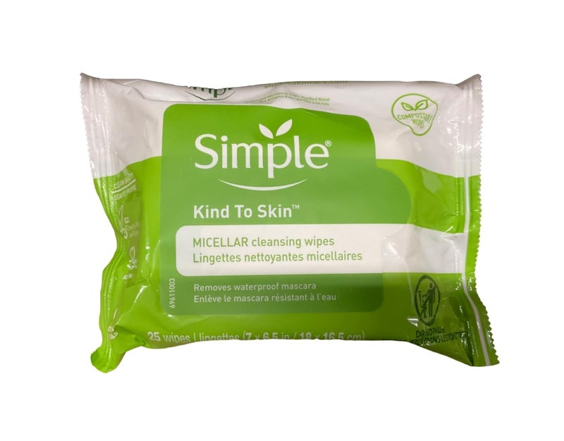 Simple Kind to Skin Cleansing Wipes Micellar 4 Count Gentle and Effective Makeup Remover Free From Color and Dye, Artificial Perfume and Harsh Chemicals 25 Wipes - Image 1