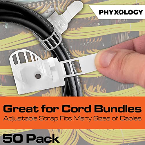 PHYXOLOGY SUPPLY Pro-Grade, Adhesive-Backed Cable Straps 50 Pack. High-Strength, White Clamps for Electrical Wire Management and Organization. Tool-Free Installation for Home Or Office. Screw-Mount for Permanent Hold - Image 5