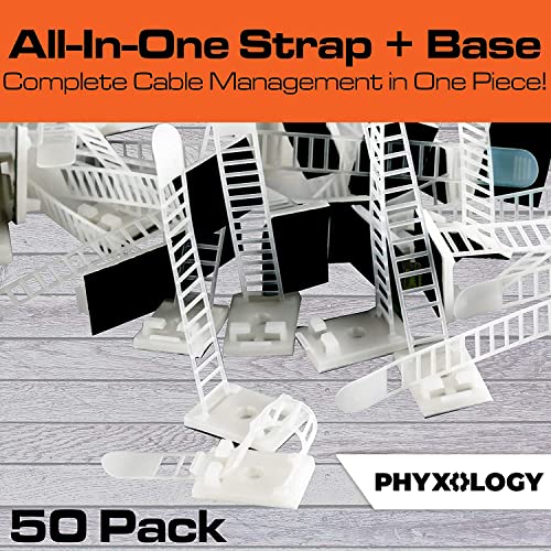 PHYXOLOGY SUPPLY Pro-Grade, Adhesive-Backed Cable Straps 50 Pack. High-Strength, White Clamps for Electrical Wire Management and Organization. Tool-Free Installation for Home Or Office. Screw-Mount for Permanent Hold - Image 4