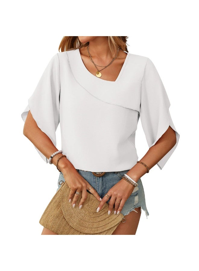 general 2025-2026 Women's Casual Slant V-Neck Silk Blouse with Blossom Sleeves and Elegant Style - Image 1