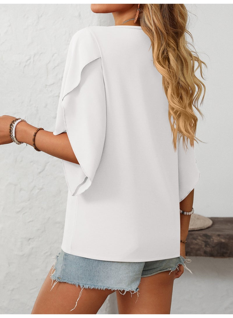 general 2025-2026 Women's Casual Slant V-Neck Silk Blouse with Blossom Sleeves and Elegant Style - Image 2