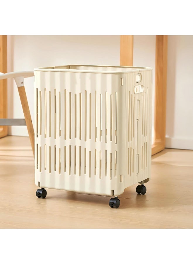 سلة غسيل بلاستيكية قابلة للطي بعجلات، 60 لتر / 54 كوارت سلة غسيل ملابس متدحرجة رفيعة لغرفة النوم، سلة غسيل بيضاء لتخزين غرفة النوم المشتركة الحمام - Image 1