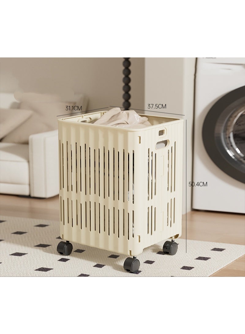سلة غسيل بلاستيكية قابلة للطي بعجلات، 60 لتر / 54 كوارت سلة غسيل ملابس متدحرجة رفيعة لغرفة النوم، سلة غسيل بيضاء لتخزين غرفة النوم المشتركة الحمام - Image 2
