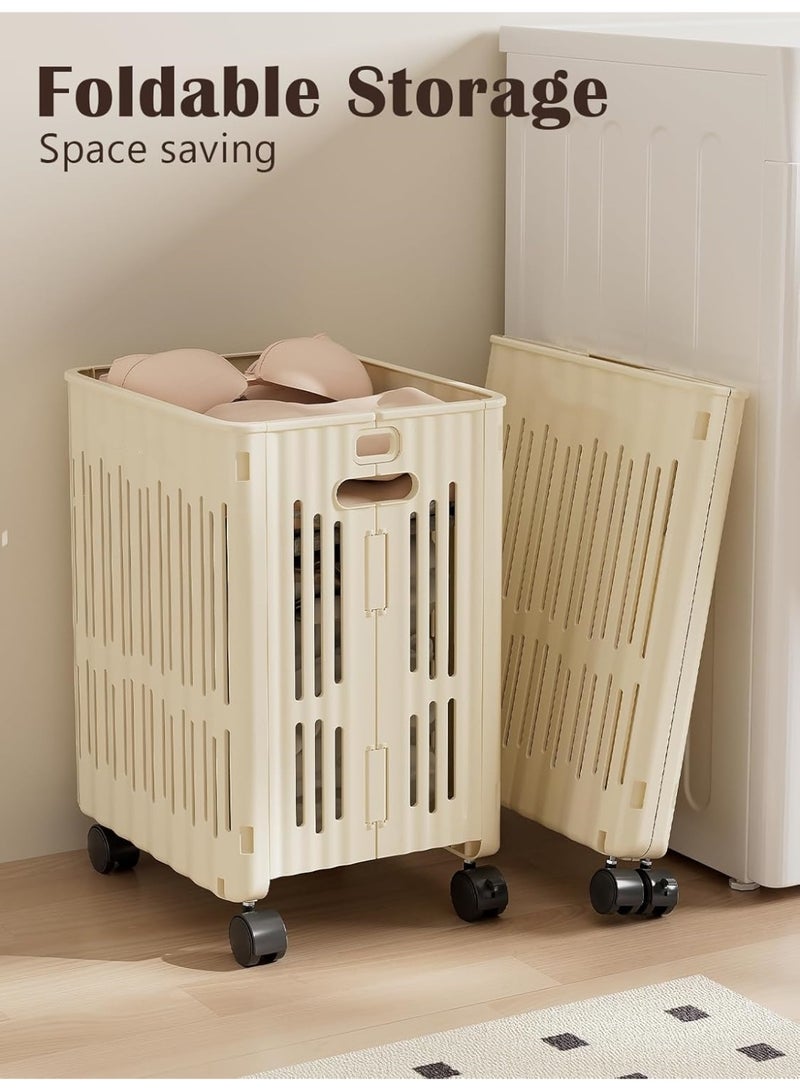 سلة غسيل بلاستيكية قابلة للطي بعجلات، 60 لتر / 54 كوارت سلة غسيل ملابس متدحرجة رفيعة لغرفة النوم، سلة غسيل بيضاء لتخزين غرفة النوم المشتركة الحمام - Image 5