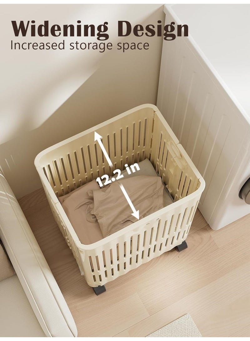 سلة غسيل بلاستيكية قابلة للطي بعجلات، 60 لتر / 54 كوارت سلة غسيل ملابس متدحرجة رفيعة لغرفة النوم، سلة غسيل بيضاء لتخزين غرفة النوم المشتركة الحمام - Image 4