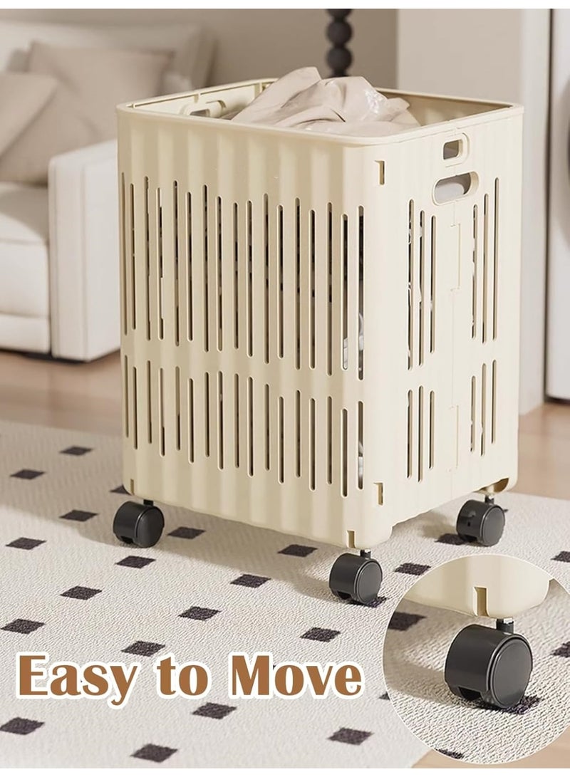 سلة غسيل بلاستيكية قابلة للطي بعجلات، 60 لتر / 54 كوارت سلة غسيل ملابس متدحرجة رفيعة لغرفة النوم، سلة غسيل بيضاء لتخزين غرفة النوم المشتركة الحمام - Image 3