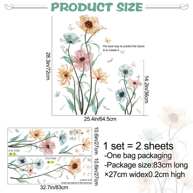 RAINBOW WSK Boho Flower Wall Decals for Girls Poppy Peony Flower Plants Wall Stickers Peel and Stick Vintage Floral Wall Murals Art for Bedroom Living Room Nursery Classroom Wall Decor 69011-YG-A - Image 3