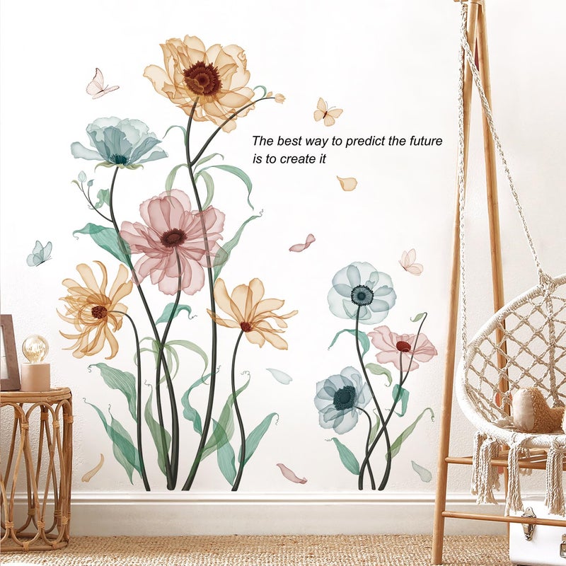 RAINBOW WSK Boho Flower Wall Decals for Girls Poppy Peony Flower Plants Wall Stickers Peel and Stick Vintage Floral Wall Murals Art for Bedroom Living Room Nursery Classroom Wall Decor 69011-YG-A - Image 1