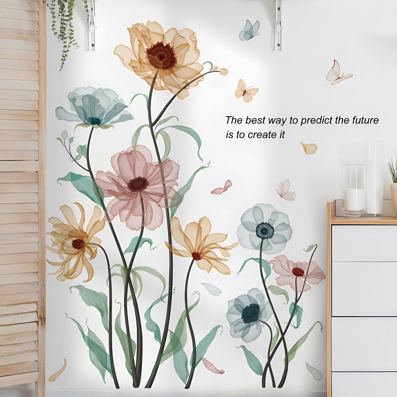 RAINBOW WSK Boho Flower Wall Decals for Girls Poppy Peony Flower Plants Wall Stickers Peel and Stick Vintage Floral Wall Murals Art for Bedroom Living Room Nursery Classroom Wall Decor 69011-YG-A - Image 2