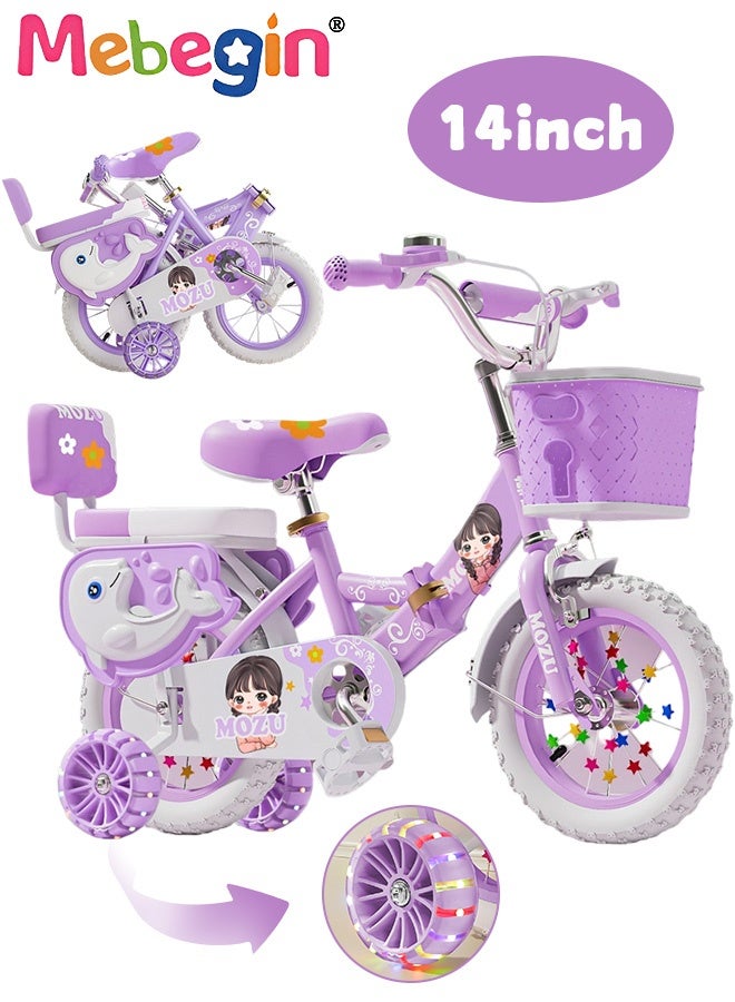 MEBEGIN 14 Inches Foldable Bike with Soft Seat, Children Bicycle with Adjustable Saddle and Foldable Body, Adorable Bike with Luminous Training Wheels, Handbrake and Basket, Ideal Gift for Kids and Beginners - Image 1