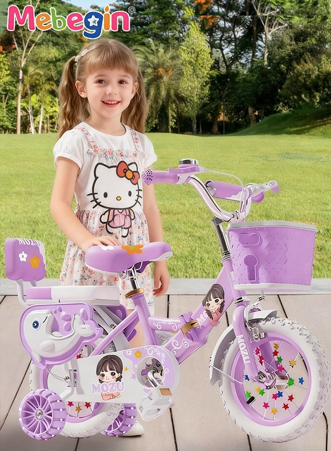 MEBEGIN 14 Inches Foldable Bike with Soft Seat, Children Bicycle with Adjustable Saddle and Foldable Body, Adorable Bike with Luminous Training Wheels, Handbrake and Basket, Ideal Gift for Kids and Beginners - Image 2