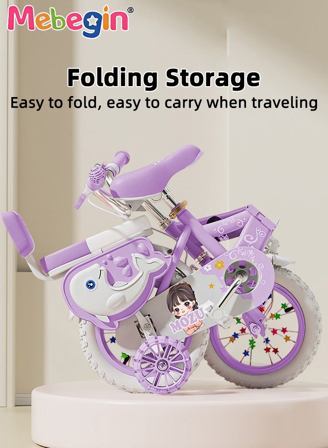 MEBEGIN 14 Inches Foldable Bike with Soft Seat, Children Bicycle with Adjustable Saddle and Foldable Body, Adorable Bike with Luminous Training Wheels, Handbrake and Basket, Ideal Gift for Kids and Beginners - Image 5