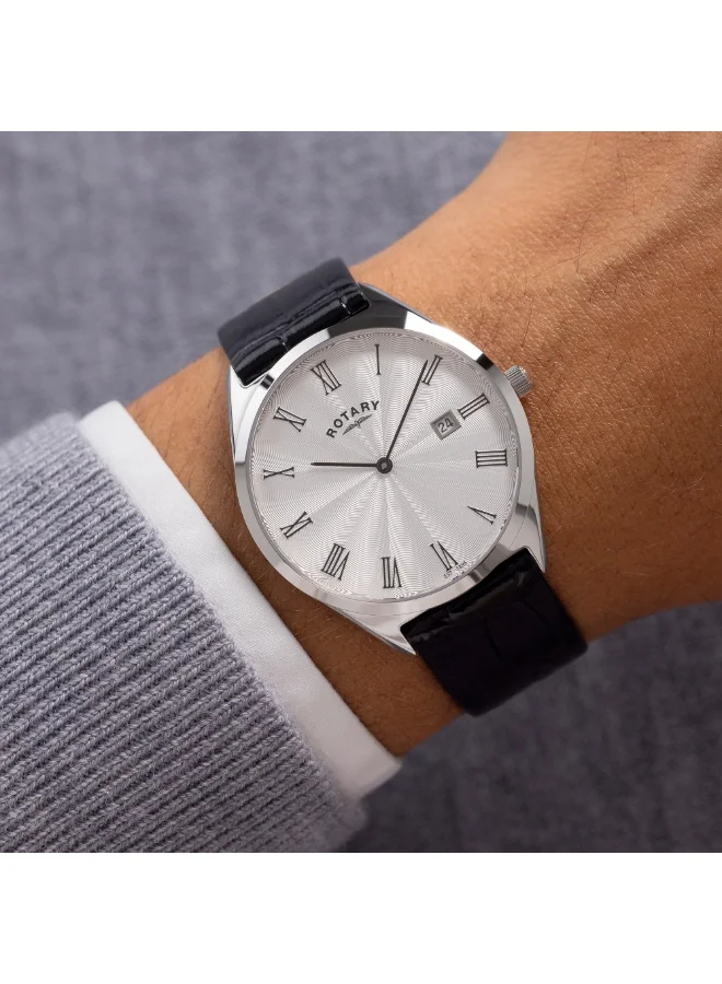 Rotary  Rotary Men's Ultra SlimStainless Steel Black Leather Strap Watch - GS08010/01 for Men | Best Price UAE