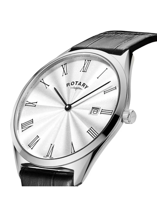 روتاري ساعة روتاري (Rotary) للرجال، بتصميم فائق النحافة، مصنوعة من الفولاذ المقاوم للصدأ مع حزام جلدي أسود - موديل GS08010/01