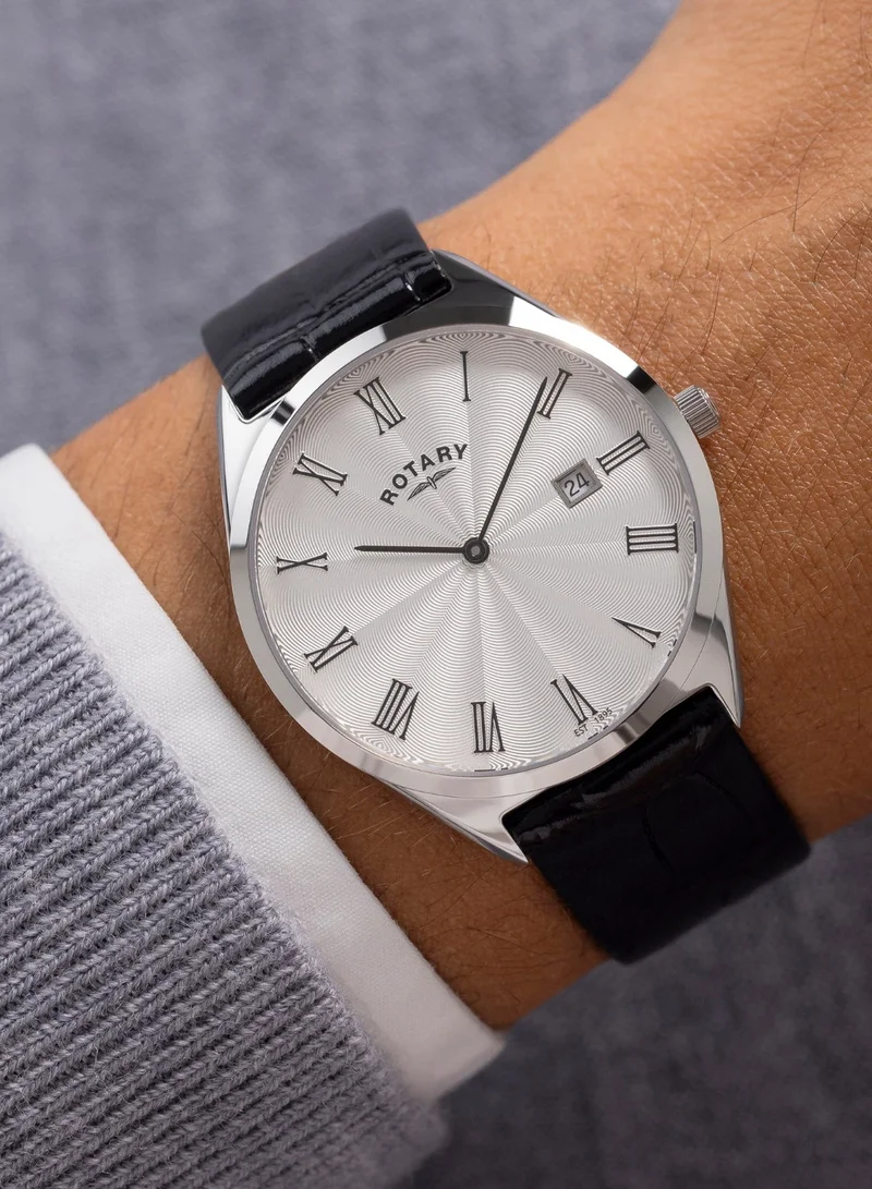 Rotary  Men's Ultra Slim Analogue Watch, 38 mm, White Dial, Black Leather Strap for Men | Best Price UAE