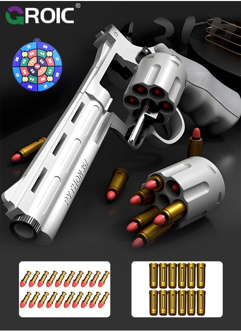 Soft Bullet Gun Toy Revolver Gun, Revolver Gun with 20 PCS Soft Safe Rubber Bullet with Target, Empty Shell Ejecting Toy Gun Pistol & Pull Back Action Toy Gun, Shooting Games Play Toys Revolver Gun