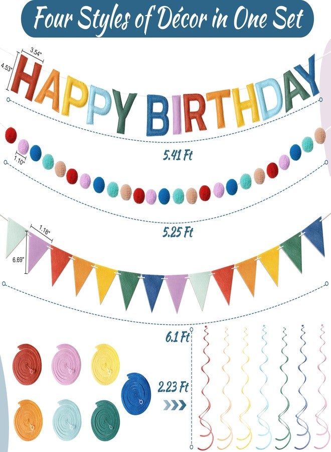 Kriyokiaa Pre-Strung Felt Happy Birthday Banner Retro Boho Rainbow Happy Birthday Party Decorations with Pom Pom Garland, Flag and Hanging Swrils for Women Men Boys Girls Party Decor - Image 4