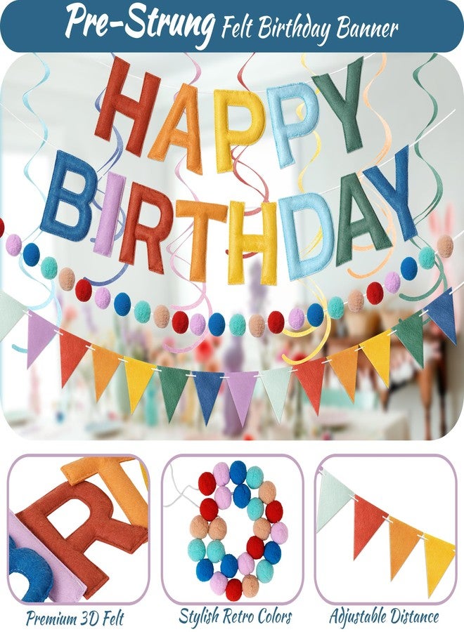 Kriyokiaa Pre-Strung Felt Happy Birthday Banner Retro Boho Rainbow Happy Birthday Party Decorations with Pom Pom Garland, Flag and Hanging Swrils for Women Men Boys Girls Party Decor - Image 3