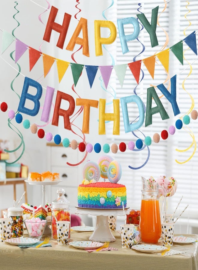 Kriyokiaa Pre-Strung Felt Happy Birthday Banner Retro Boho Rainbow Happy Birthday Party Decorations with Pom Pom Garland, Flag and Hanging Swrils for Women Men Boys Girls Party Decor - Image 5