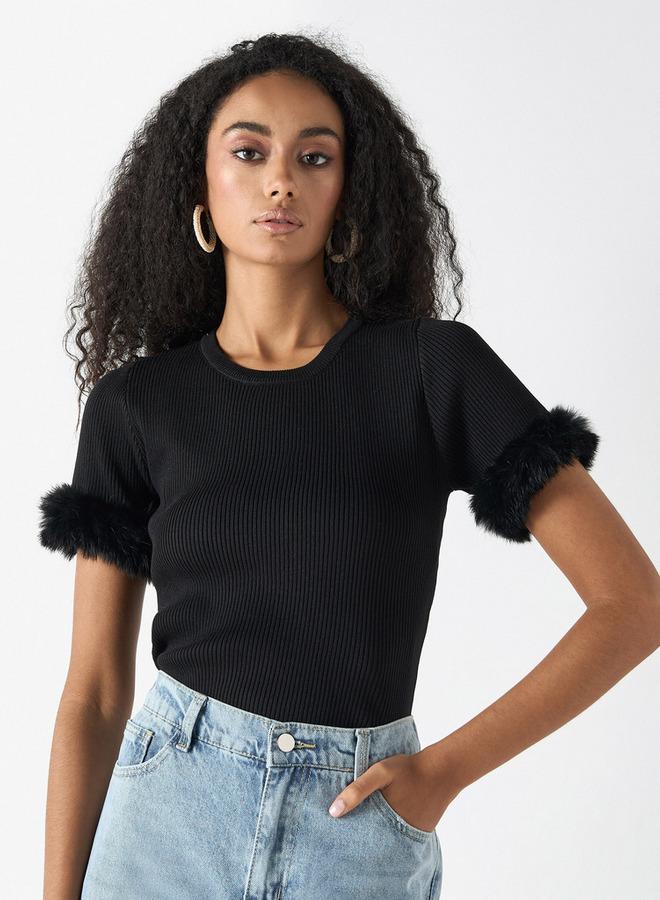 تواكستريمز تيشيرت سادة بتفاصيل من الفرو الصناعي من تو إكستريمز - Image 1