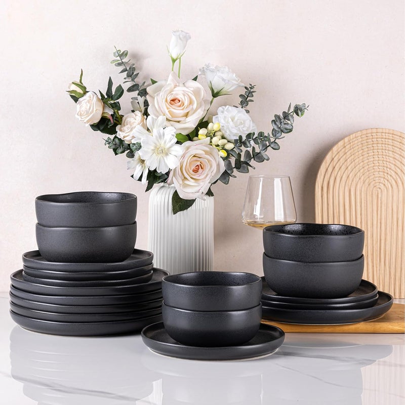 AmorArc Ceramic Dinnerware Sets Wavy Rim Stoneware Plates and Bowls Sets Highly Chip and Crack Resistant  Dishwasher  Microwave  Oven Safe Dishes set Service for 6 18pcSpeckled Black - Image 1