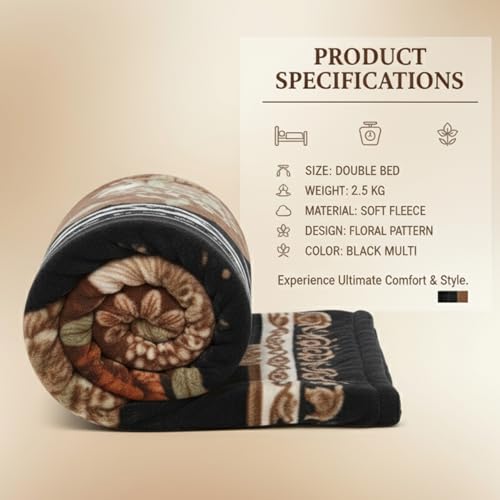 BENAVJI Mink Floral Embossed Super Soft AC Bed Velvet for Winter Blanket (Double, Black Multicolor) - Image 4