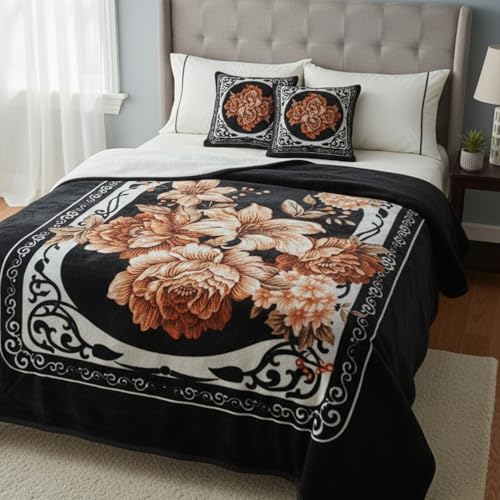 BENAVJI Mink Floral Embossed Super Soft AC Bed Velvet for Winter Blanket (Double, Black Multicolor) - Image 2