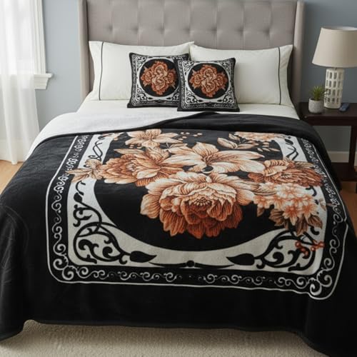 BENAVJI Mink Floral Embossed Super Soft AC Bed Velvet for Winter Blanket (Double, Black Multicolor) - Image 3