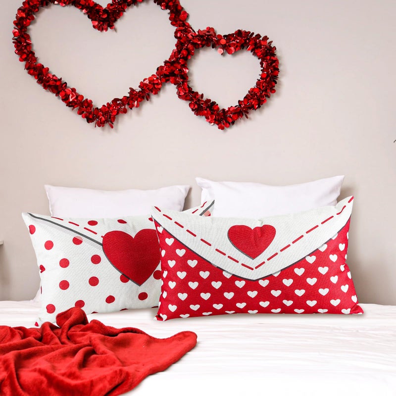 Memorywuu 2 Pcs Valentines Day Pillow Cover 12 x 20 Inch Envelope Throw Pillow Cover Red Heart Polka Dots Farmhouse Cushion Case Anniversary Wedding Cushion Case Decoration Gifts for Sofa Couch Bed - Image 4