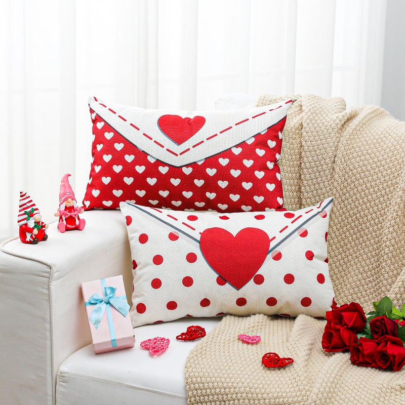 Memorywuu 2 Pcs Valentines Day Pillow Cover 12 x 20 Inch Envelope Throw Pillow Cover Red Heart Polka Dots Farmhouse Cushion Case Anniversary Wedding Cushion Case Decoration Gifts for Sofa Couch Bed - Image 1