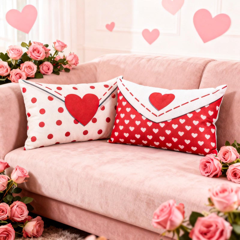Memorywuu 2 Pcs Valentines Day Pillow Cover 12 x 20 Inch Envelope Throw Pillow Cover Red Heart Polka Dots Farmhouse Cushion Case Anniversary Wedding Cushion Case Decoration Gifts for Sofa Couch Bed - Image 3