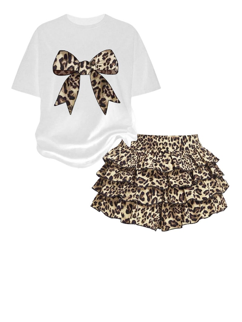 xueteox Summer Outfits for Girl 2 Piece, Bow Graphic Tees and Leopard Short Skirt Fashion Casual Clothing, White, 11Y - Image 1