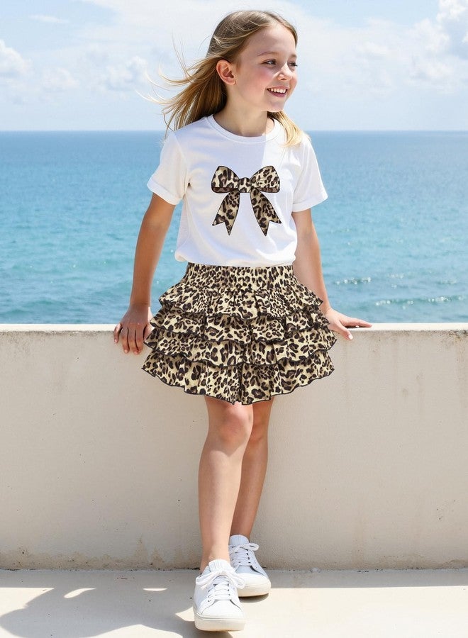 xueteox Summer Outfits for Girl 2 Piece, Bow Graphic Tees and Leopard Short Skirt Fashion Casual Clothing, White, 11Y - Image 4