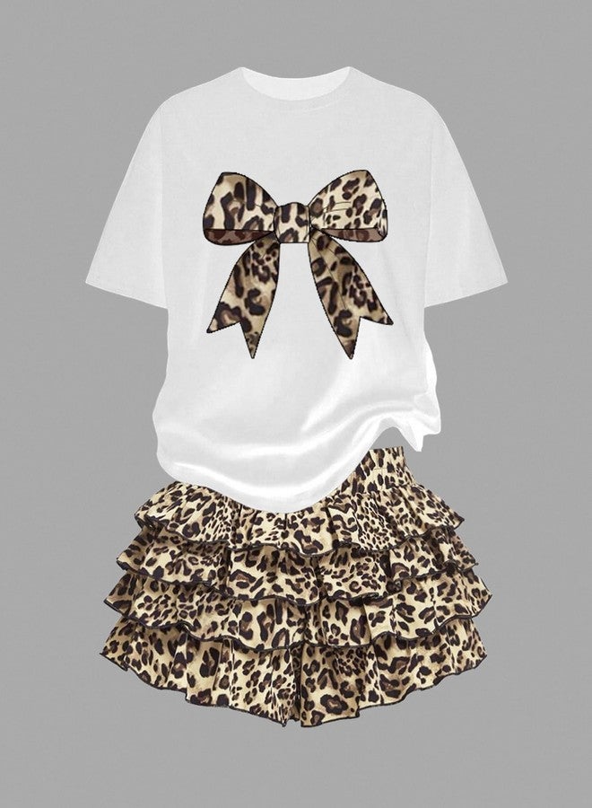 xueteox Summer Outfits for Girl 2 Piece, Bow Graphic Tees and Leopard Short Skirt Fashion Casual Clothing, White, 11Y - Image 2