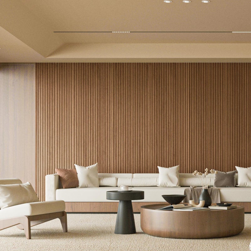 Art3d Slat Wood Wall Paneling for Interior and Ceiling Decoration - Pack of 4pcs + 1pc End-Trim, Size 108 x 5.7in.- Oak - Image 5