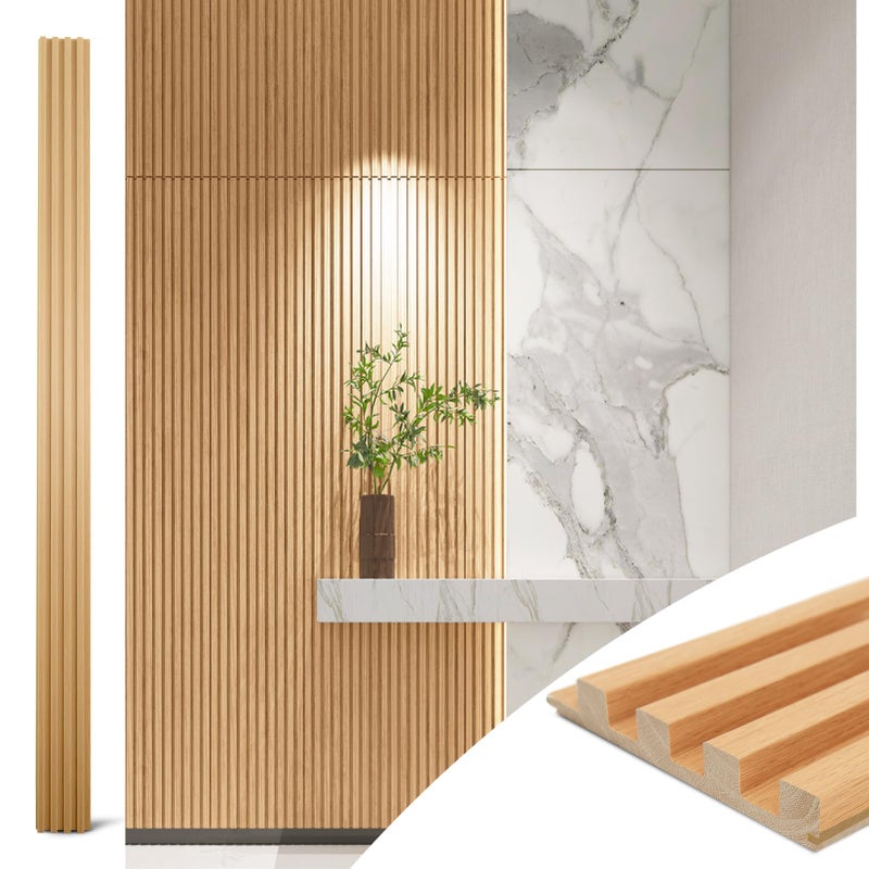 Art3d Slat Wood Wall Paneling for Interior and Ceiling Decoration - Pack of 4pcs + 1pc End-Trim, Size 108 x 5.7in.- Oak - Image 1
