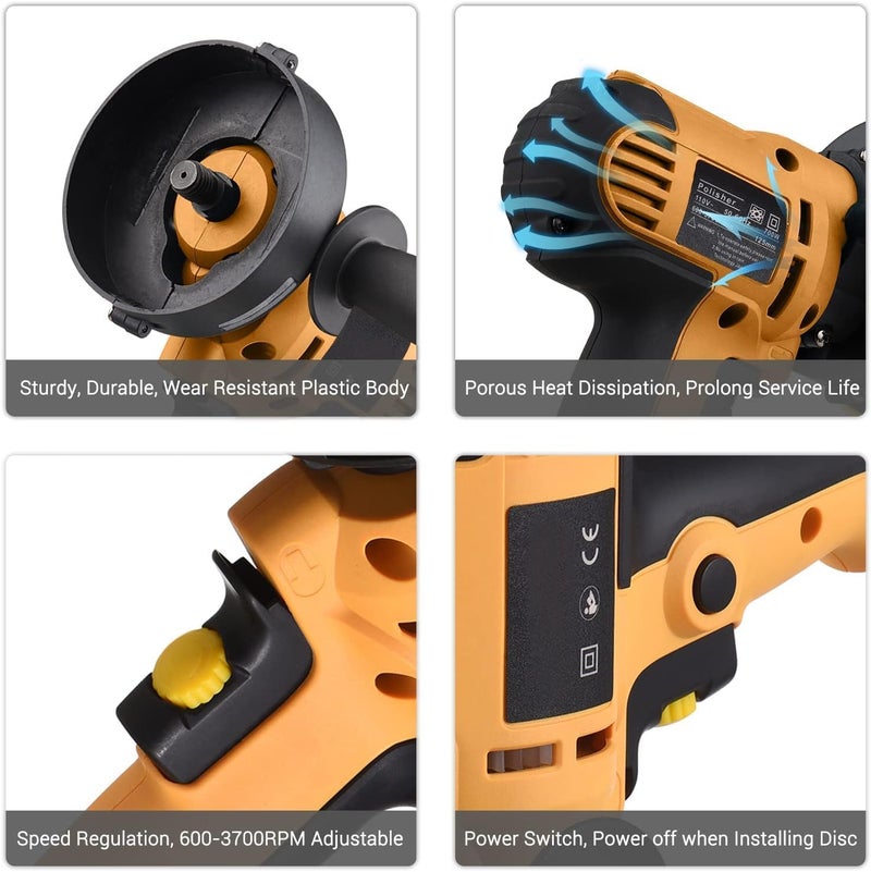 Buffer Polisher, Geevorks Buffer Waxer 5-Inch, Variable Speed Car Polisher 600-3700Rpm With Detachable Handle/ 6Pcs Sponge Pad/ 6Pcs Cloth Bonnet Pad/ 1Pcs Wool Pad/ Spanner - Image 4