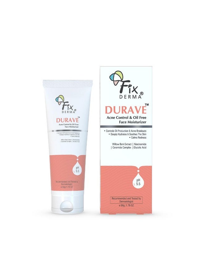 FIXDERMA Durave Acne Control & Oil Free Moisturizer For Face With Glycolic Acid | Niacinamide Moisturizer | Acnemoist Moisturiser | Moisturizer For Oily Skin | Face Moisturizer For Women & Men - 50Gm  - Image 1