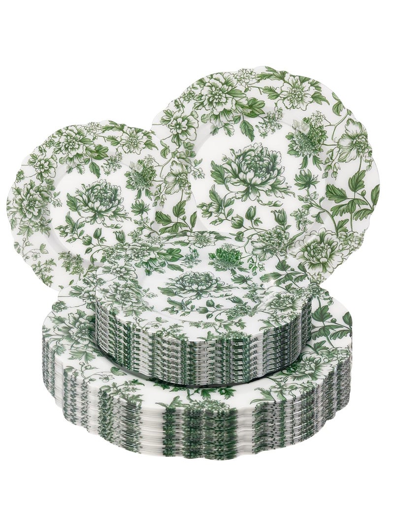 WDF 20PCS Green Plastic Plates Floral - Baroque White and Green Plates - Floral Party Decorations for Birthdays/Tea Party/Easter - Image 1