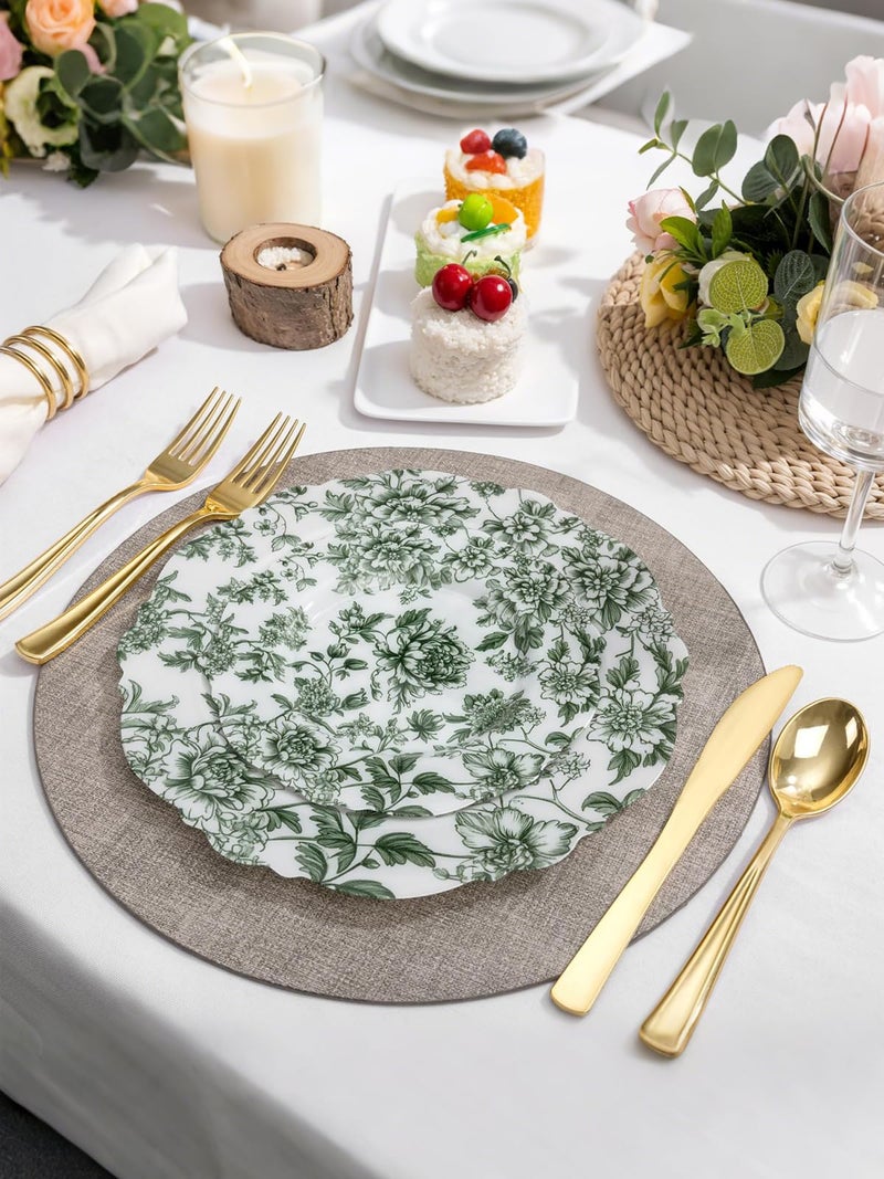 WDF 20PCS Green Plastic Plates Floral - Baroque White and Green Plates - Floral Party Decorations for Birthdays/Tea Party/Easter - Image 3