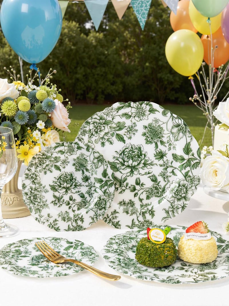 WDF 20PCS Green Plastic Plates Floral - Baroque White and Green Plates - Floral Party Decorations for Birthdays/Tea Party/Easter - Image 4