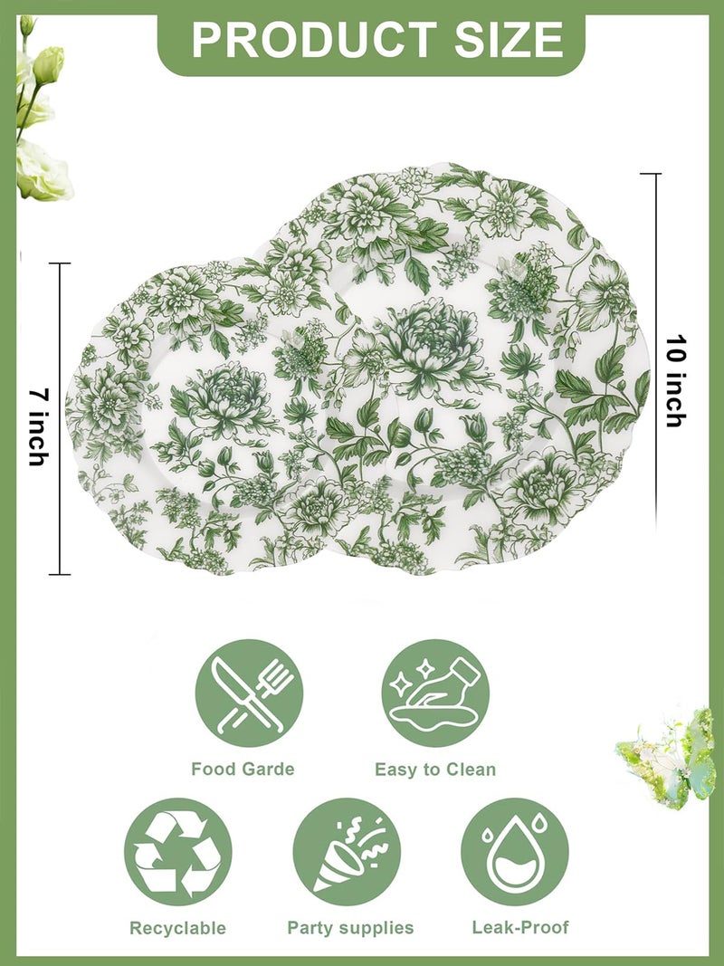 WDF 20PCS Green Plastic Plates Floral - Baroque White and Green Plates - Floral Party Decorations for Birthdays/Tea Party/Easter - Image 2