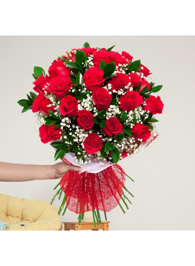 Fresh Live bunch of beautiful 25 red rose with gypsum flower